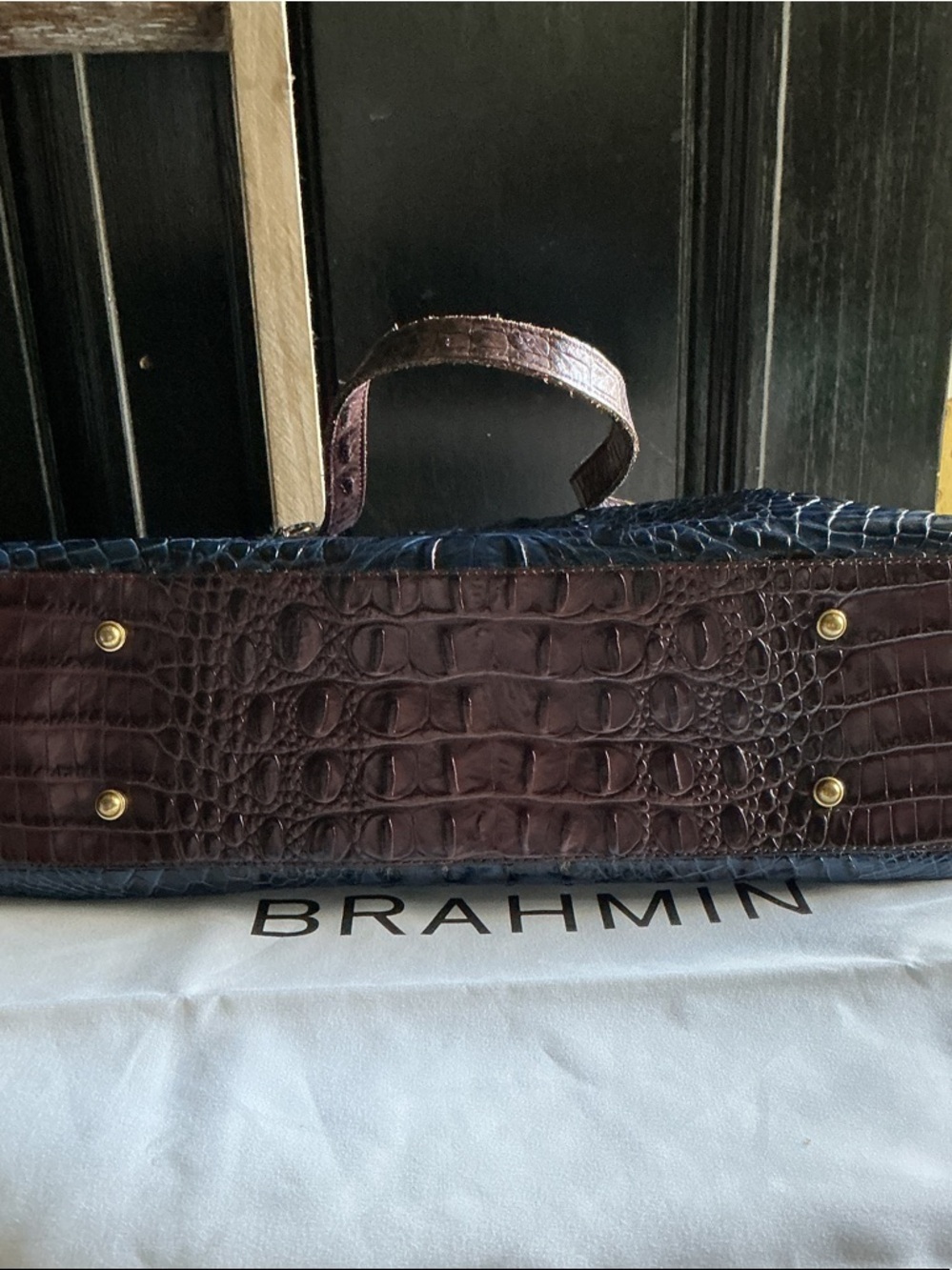 Brahmin Navy Croc-Embossed Tote with Brown Trim and Gold Hardware - Picture 4 of 9